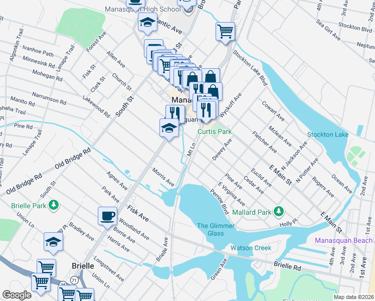 map of restaurants, bars, coffee shops, grocery stores, and more near 101 Mount Lane in Manasquan