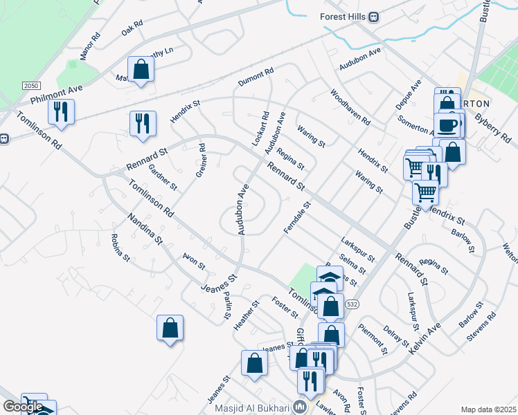 map of restaurants, bars, coffee shops, grocery stores, and more near 407 Audubon Plaza in Philadelphia