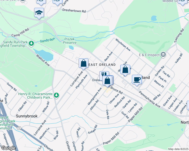 map of restaurants, bars, coffee shops, grocery stores, and more near 1503 Bruce Road in Oreland