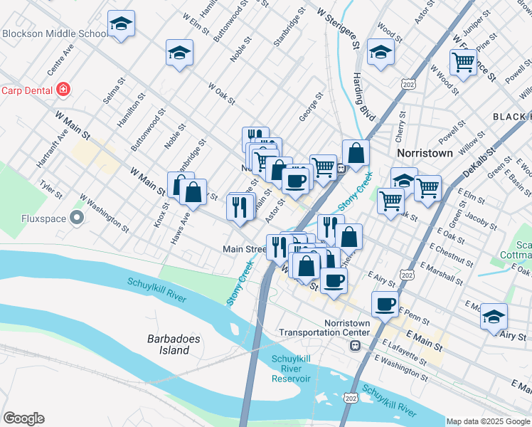 map of restaurants, bars, coffee shops, grocery stores, and more near 525 Astor Street in Norristown