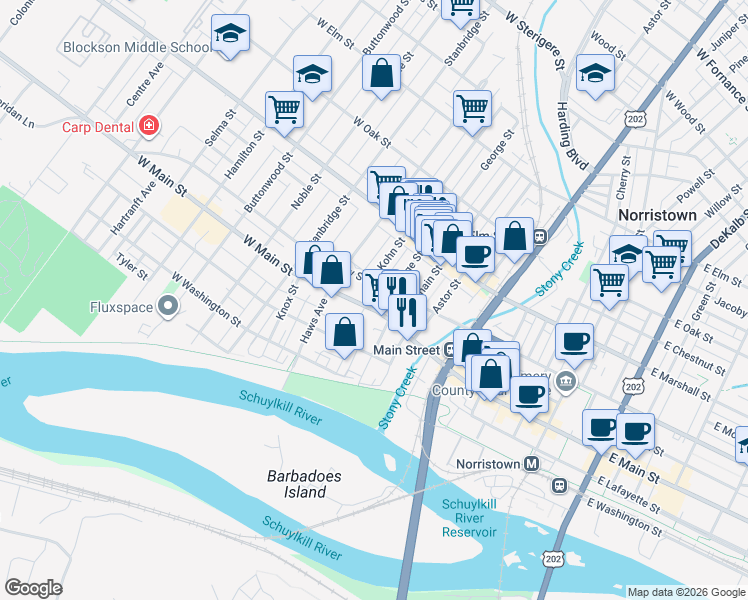 map of restaurants, bars, coffee shops, grocery stores, and more near 620 West Airy Street in Norristown