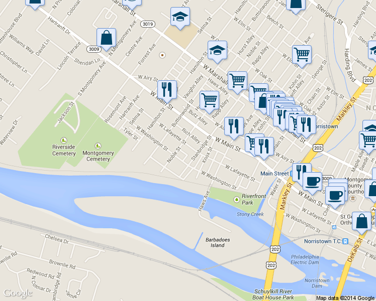 map of restaurants, bars, coffee shops, grocery stores, and more near 913 West Lafayette Street in Norristown