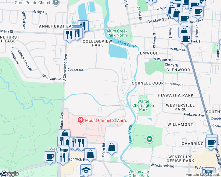 map of restaurants, bars, coffee shops, grocery stores, and more near 302 Cooper Road in Westerville