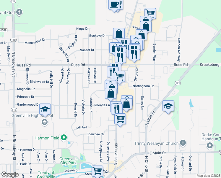 map of restaurants, bars, coffee shops, grocery stores, and more near 656 U.S. 127 Bus in Greenville