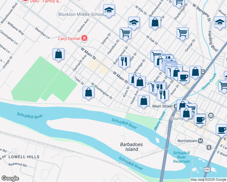 map of restaurants, bars, coffee shops, grocery stores, and more near 913 West Lafayette Street in Norristown