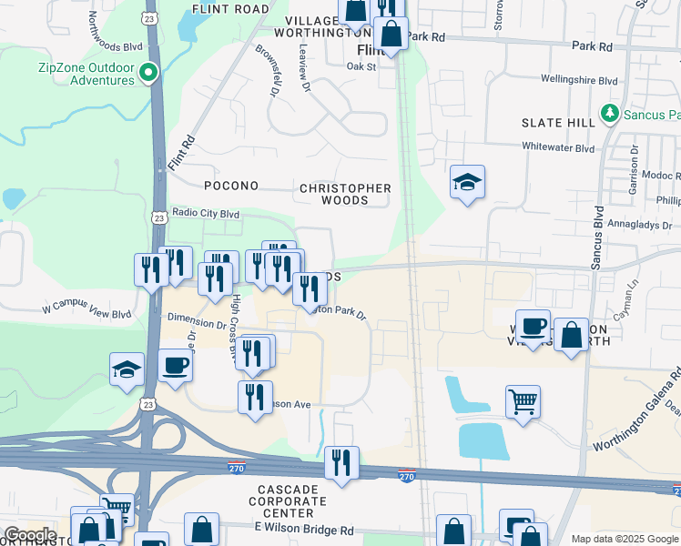 map of restaurants, bars, coffee shops, grocery stores, and more near 245 East Campus View Boulevard in Columbus