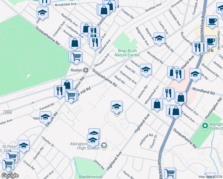 map of restaurants, bars, coffee shops, grocery stores, and more near 1075 Arbuta Road in Abington