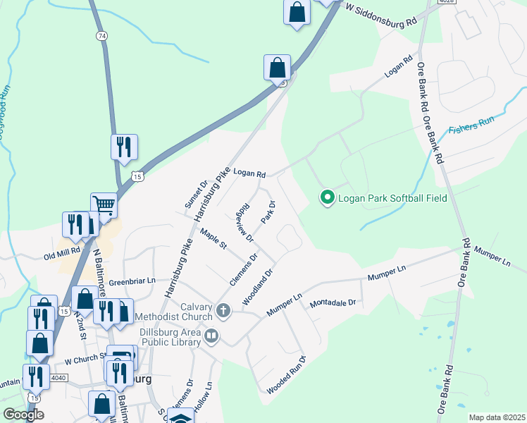 map of restaurants, bars, coffee shops, grocery stores, and more near 17 Park Drive in Dillsburg