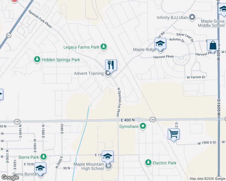 map of restaurants, bars, coffee shops, grocery stores, and more near 695 North Plainsman Drive in Spanish Fork