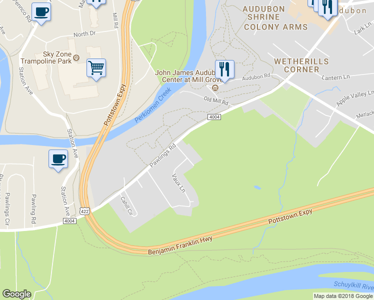 map of restaurants, bars, coffee shops, grocery stores, and more near 2 Camiel Lane in Phoenixville