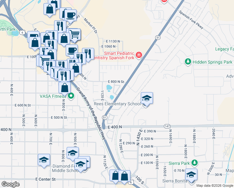 map of restaurants, bars, coffee shops, grocery stores, and more near 686 North Black Horse Loop in Spanish Fork