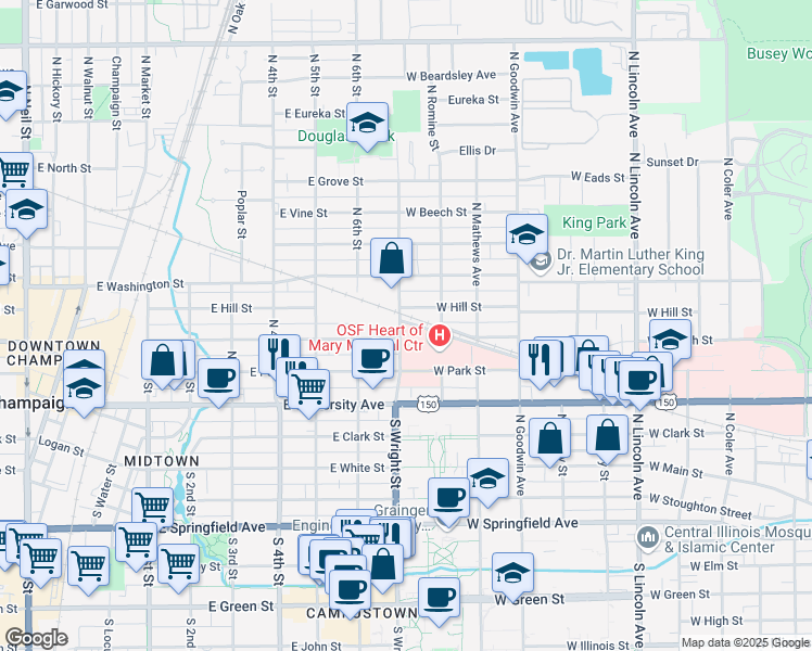map of restaurants, bars, coffee shops, grocery stores, and more near 706 North Wright Street in Urbana