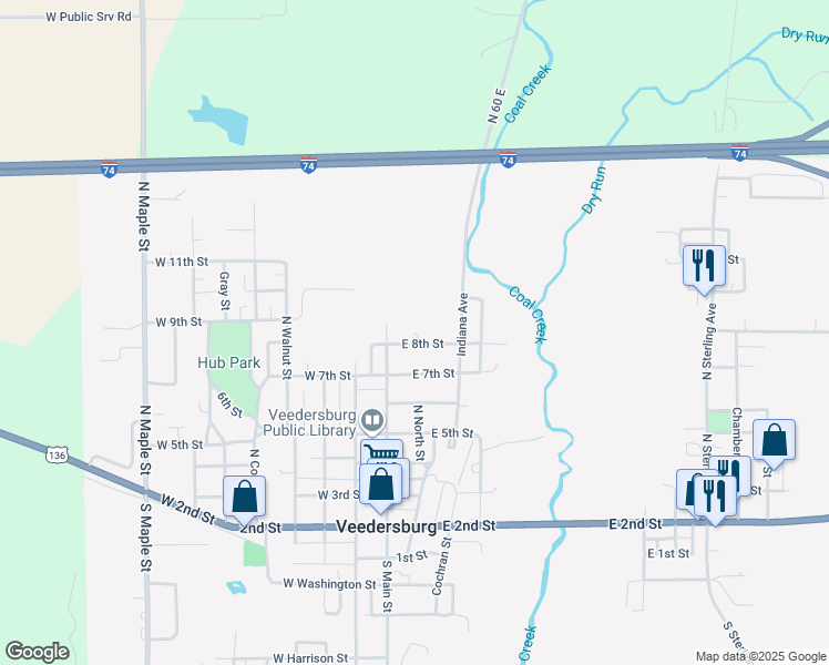map of restaurants, bars, coffee shops, grocery stores, and more near 899 North North Street in Veedersburg