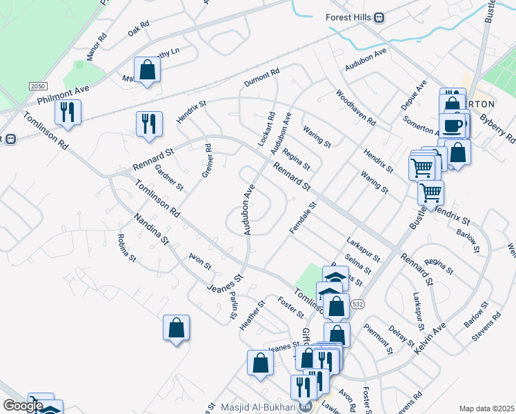 map of restaurants, bars, coffee shops, grocery stores, and more near 411 Audubon Plaza in Philadelphia