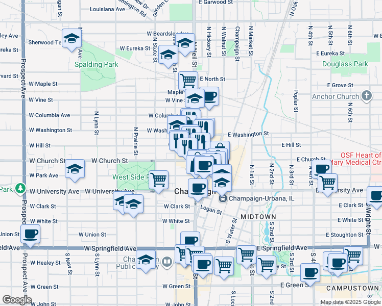 map of restaurants, bars, coffee shops, grocery stores, and more near 302 North Neil Street in Champaign