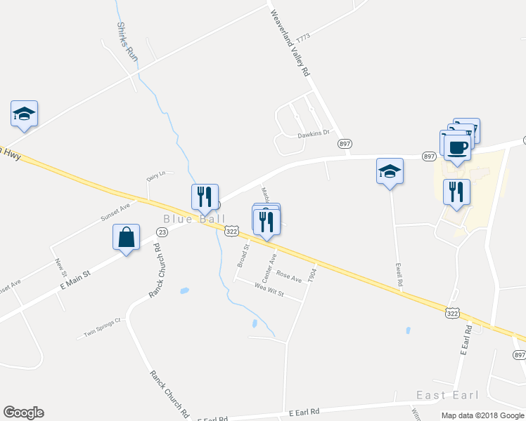 map of restaurants, bars, coffee shops, grocery stores, and more near 15 Granite Drive in East Earl