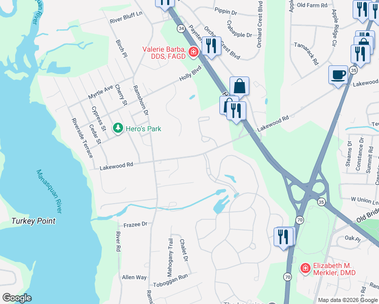 map of restaurants, bars, coffee shops, grocery stores, and more near 1530 Lakewood Road in Manasquan
