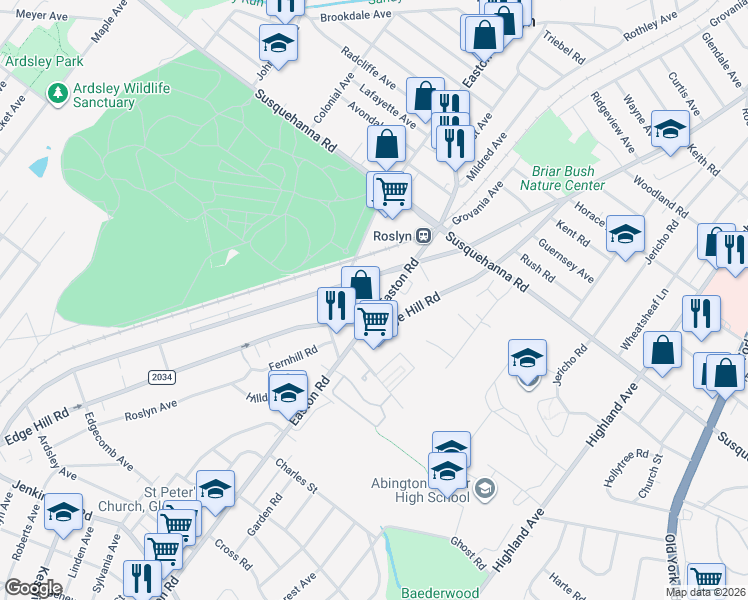 map of restaurants, bars, coffee shops, grocery stores, and more near 1021 Tyson Avenue in Abington