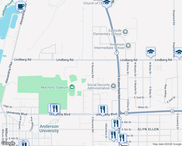 map of restaurants, bars, coffee shops, grocery stores, and more near 125 South Nursery Road in Anderson