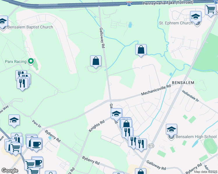 map of restaurants, bars, coffee shops, grocery stores, and more near 2568 Galloway Road in Bensalem