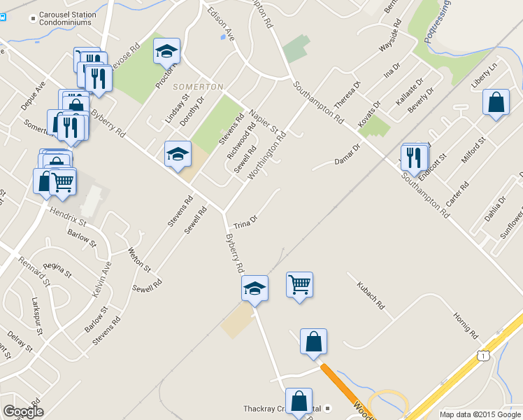 map of restaurants, bars, coffee shops, grocery stores, and more near 13098 Trina Drive in Philadelphia