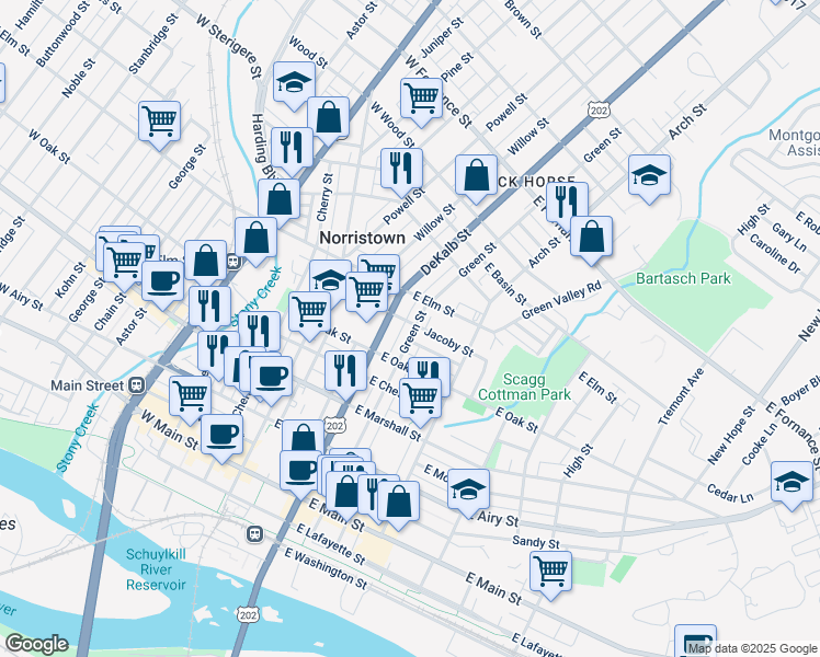map of restaurants, bars, coffee shops, grocery stores, and more near 102 Jacoby Street in Norristown