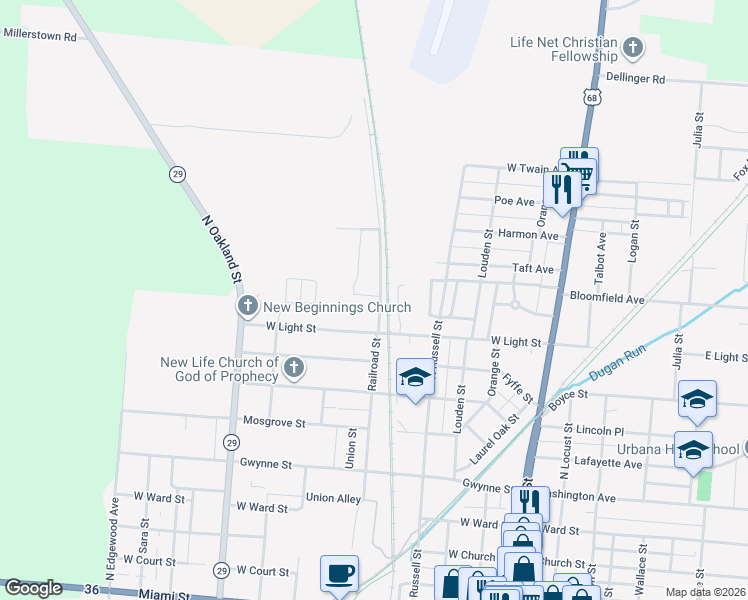 map of restaurants, bars, coffee shops, grocery stores, and more near 510 Kellie Drive in Urbana
