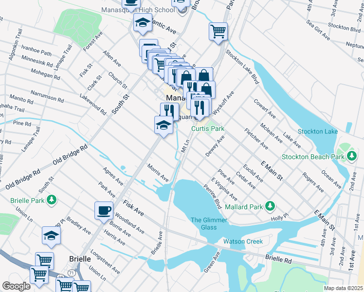 map of restaurants, bars, coffee shops, grocery stores, and more near 101 Mount Lane in Manasquan