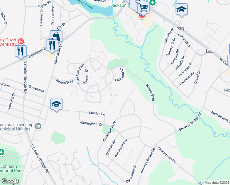 map of restaurants, bars, coffee shops, grocery stores, and more near 54 Snapdragon Court in Jackson