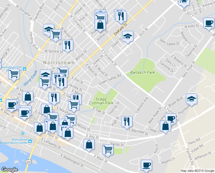 map of restaurants, bars, coffee shops, grocery stores, and more near 430 East Basin Street in Norristown