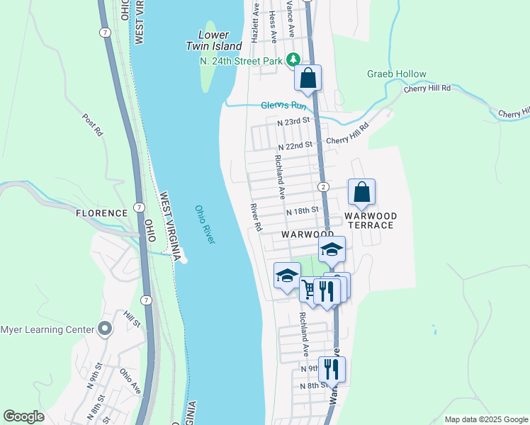 map of restaurants, bars, coffee shops, grocery stores, and more near 133-199 Linden Lane in Wheeling