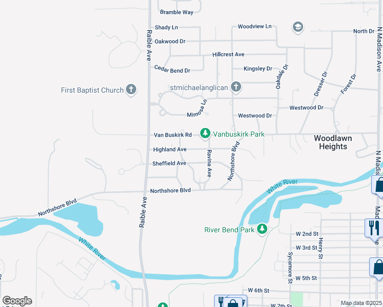 map of restaurants, bars, coffee shops, grocery stores, and more near 2205 Highland Avenue in Anderson