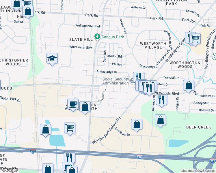 map of restaurants, bars, coffee shops, grocery stores, and more near 7486 Cayman Lane in Columbus
