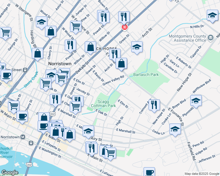map of restaurants, bars, coffee shops, grocery stores, and more near 430 East Basin Street in Norristown