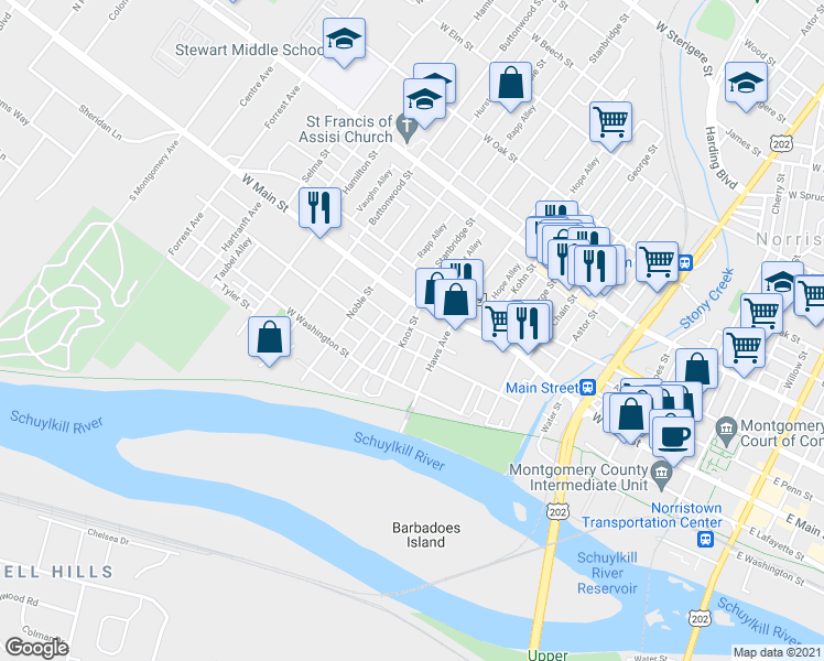 map of restaurants, bars, coffee shops, grocery stores, and more near 222 Knox Street in Norristown