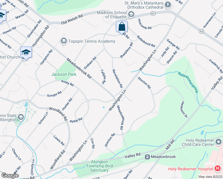 map of restaurants, bars, coffee shops, grocery stores, and more near 1335 Meadowbrook Rd in Jenkintown