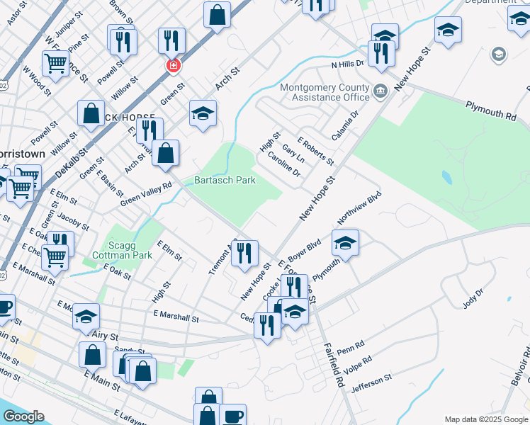 map of restaurants, bars, coffee shops, grocery stores, and more near 707 Carmen Drive in Norristown