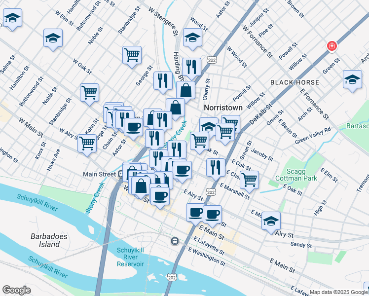 map of restaurants, bars, coffee shops, grocery stores, and more near 705 Cherry Street in Norristown