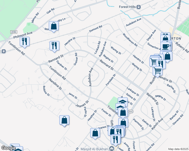 map of restaurants, bars, coffee shops, grocery stores, and more near 411 Audubon Plaza in Philadelphia