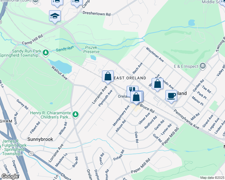 map of restaurants, bars, coffee shops, grocery stores, and more near 107 Plymouth Avenue in Oreland