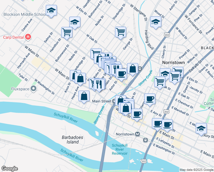 map of restaurants, bars, coffee shops, grocery stores, and more near 525 Astor Street in Norristown