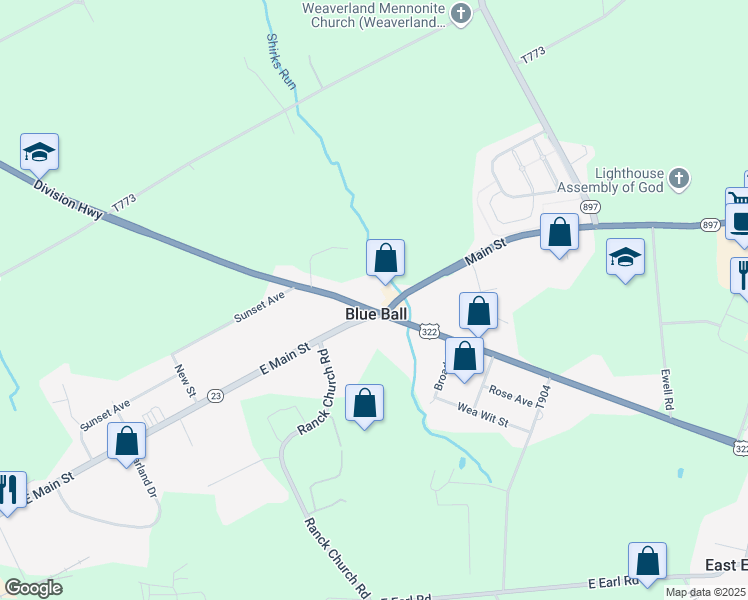 map of restaurants, bars, coffee shops, grocery stores, and more near in Blue Ball