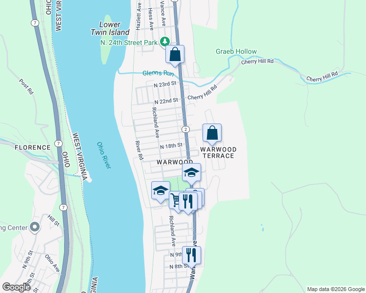 map of restaurants, bars, coffee shops, grocery stores, and more near 1712 Warwood Avenue in Wheeling