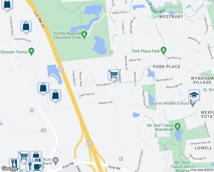map of restaurants, bars, coffee shops, grocery stores, and more near 7437 Hyland-Croy Road in Plain City
