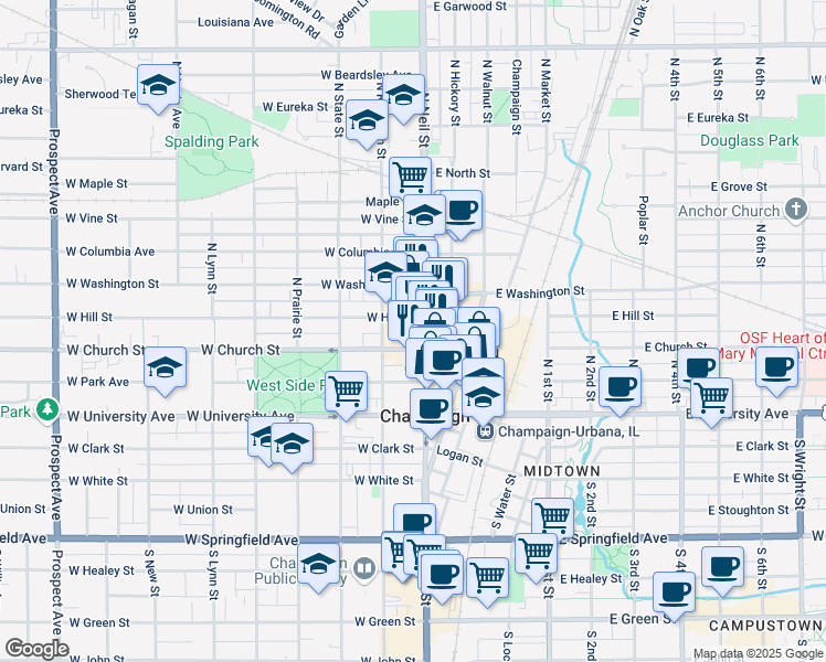map of restaurants, bars, coffee shops, grocery stores, and more near 302 North Neil Street in Champaign