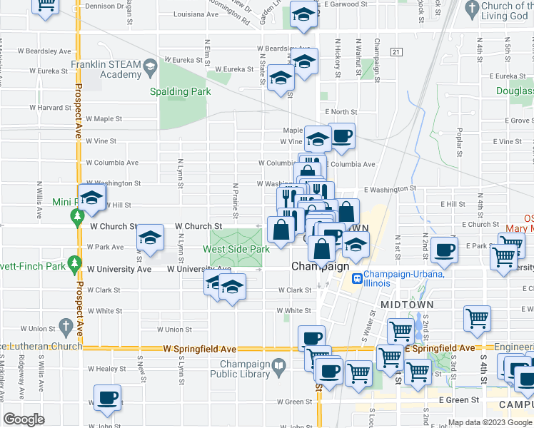 map of restaurants, bars, coffee shops, grocery stores, and more near 211 West Hill Street in Champaign