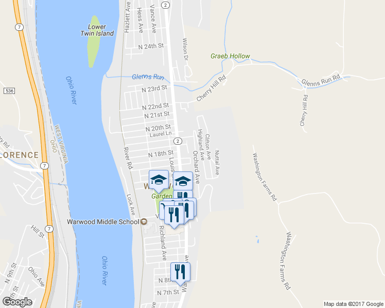 map of restaurants, bars, coffee shops, grocery stores, and more near 1713 Highland Avenue in Wheeling