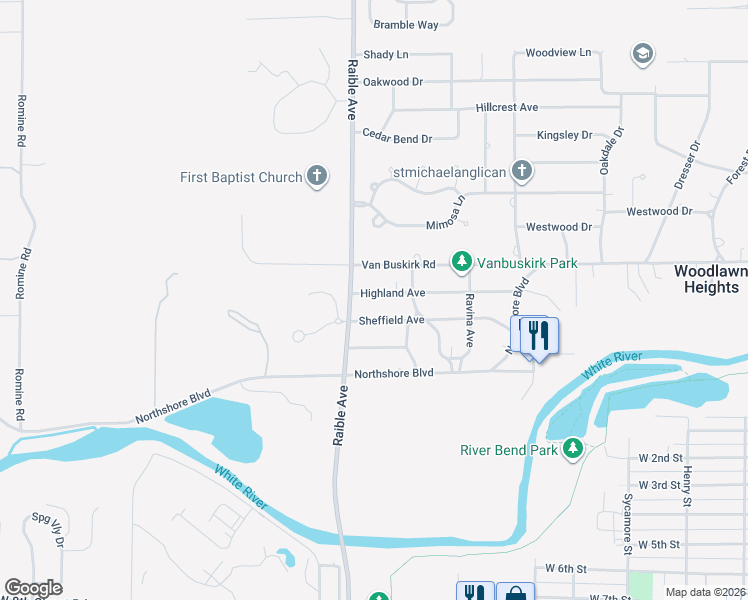 map of restaurants, bars, coffee shops, grocery stores, and more near 2415 Highland Avenue in Anderson