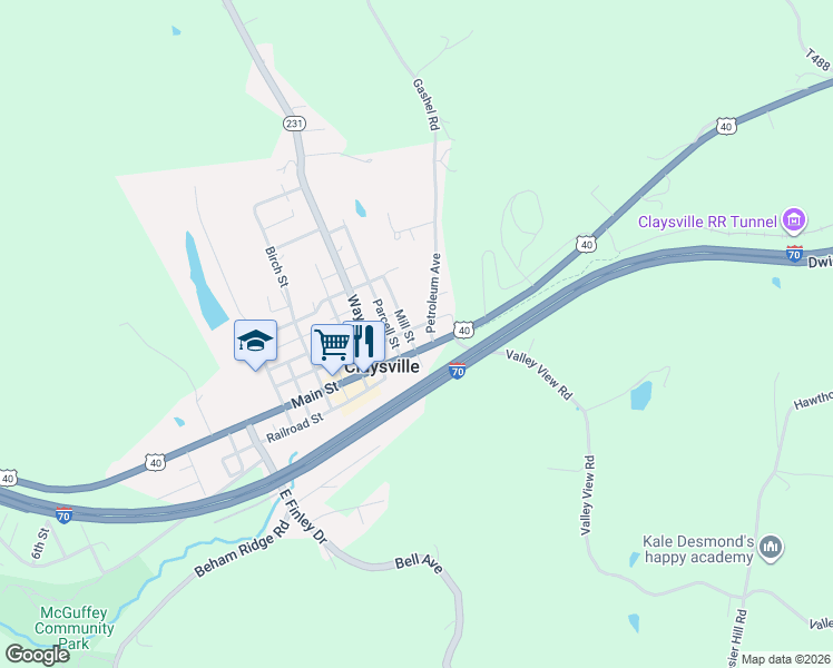 map of restaurants, bars, coffee shops, grocery stores, and more near 327 Main Street in Claysville