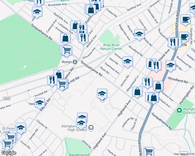 map of restaurants, bars, coffee shops, grocery stores, and more near 1075 Arbuta Road in Abington
